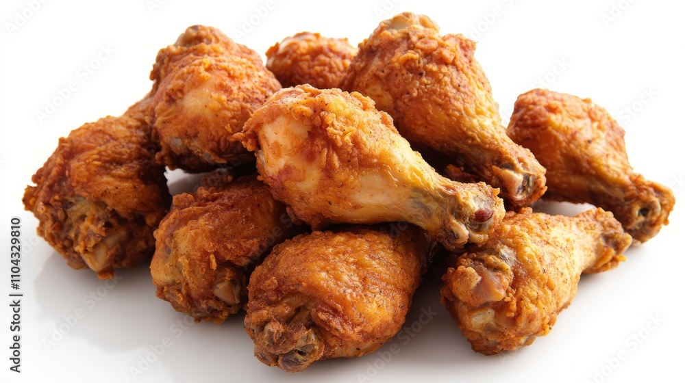 a pile of fried chicken wings on a white background The wings are golden brown in color and appear to be freshly cooked They are arranged in a neat pile, with som a pile of fried chicken wings on a white background The wings are golden brown in color and appear to be freshly cooked They are arranged in a neat pile, with som