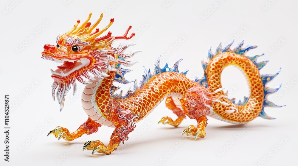 a red and yellow Chinese dragon figurine on a white background The dragon is intricately detailed with scales, claws, and a long tail Its eyes are wide and alert, a red and yellow Chinese dragon figurine on a white background The dragon is intricately detailed with scales, claws, and a long tail Its eyes are wide and alert,