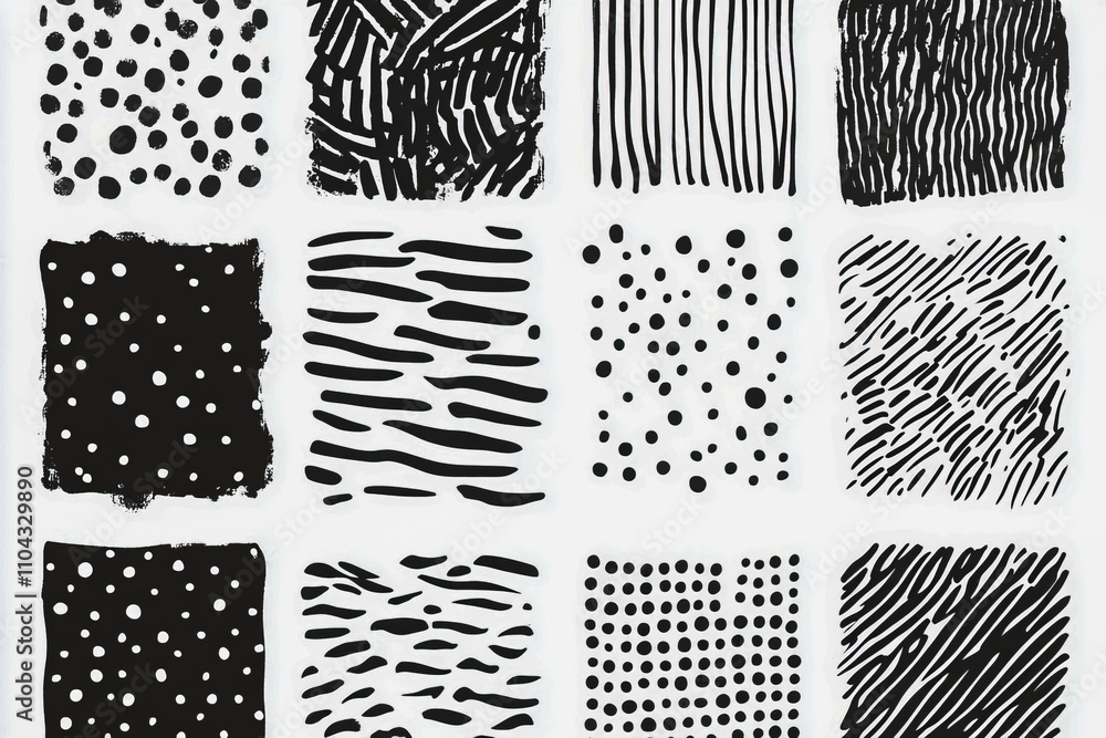 Abstract black and white patterns in geometric grid layout Abstract black and white patterns in geometric grid layout
