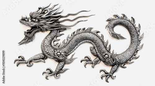  a black and white drawing of a Chinese dragon on a white background The dragon is intricately detailed with scales, claws, and a long tail Its eyes are wide and a