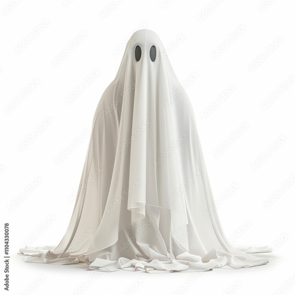 A whimsical ghost with black eyes peeking through a flowing white sheet, exuding a playful and lighthearted vibe. A whimsical ghost with black eyes peeking through a flowing white sheet, exuding a playful and lighthearted vibe.
