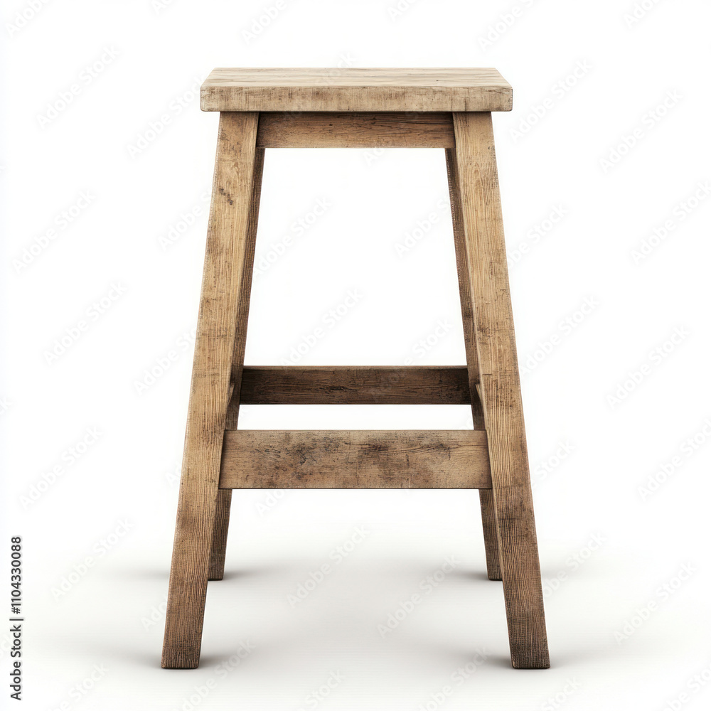 A rustic wooden stool standing elegantly in a minimalist setting. isolated on white background. A rustic wooden stool standing elegantly in a minimalist setting. isolated on white background.