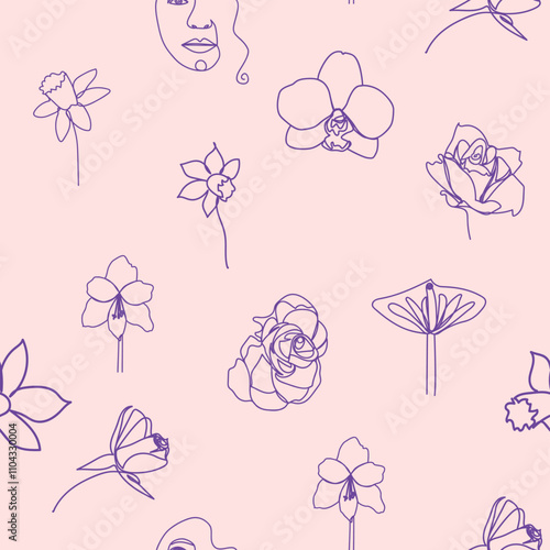 Woman face Continuous line seamless pattern. Abstract Female portrait with flowers. Drawing vector Wallpaper, fabric, wrapping paper, card, poster