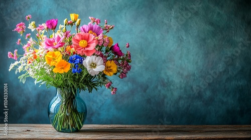 Wallpaper Mural Bright Wildflowers Arranged in a Glass Vase on a Wooden Table Against an Artistic Blue Backdrop Torontodigital.ca