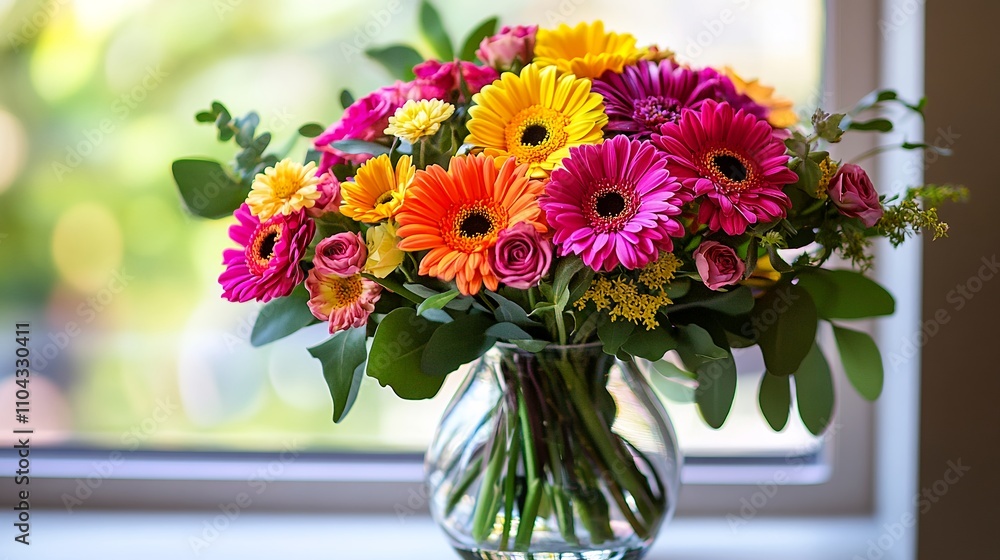 Bright Bouquet of Colorful Flowers Arranged Elegantly in a Clear Glass Vase Near a Sunny Window Bright Bouquet of Colorful Flowers Arranged Elegantly in a Clear Glass Vase Near a Sunny Window
