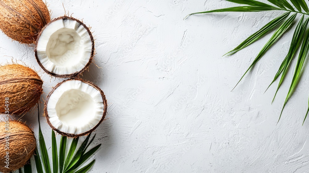 three coconuts with their leaves on a white background The cocons are a light brown color and the leaves are a vibrant green The white background provides a stark three coconuts with their leaves on a white background The cocons are a light brown color and the leaves are a vibrant green The white background provides a stark