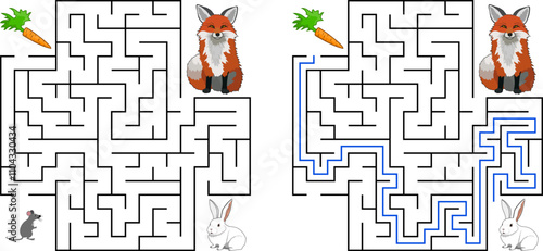 Help bunny pass through maze to find carrot and avoid the fox. Feed the hungry rabbit labyrinth. Not hard riddle for kids and parents with solution