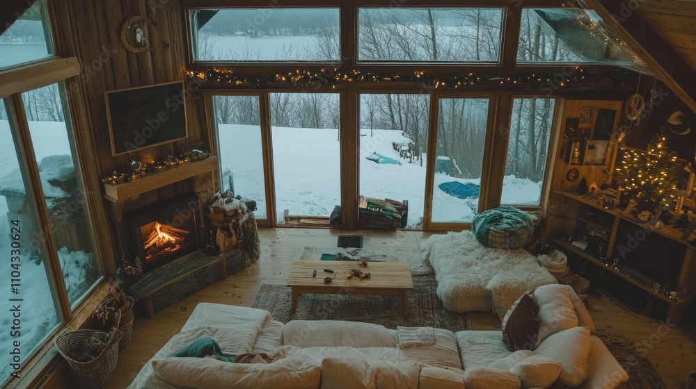 Cozy cabin living room with fireplace and snowy winter view Cozy cabin living room with fireplace and snowy winter view