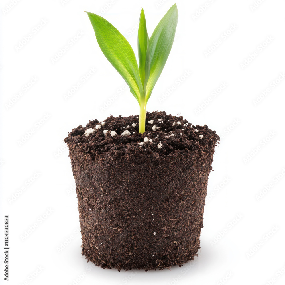 A vibrant green seedling emerging from dark potting soil. isolated on white background. A vibrant green seedling emerging from dark potting soil. isolated on white background.