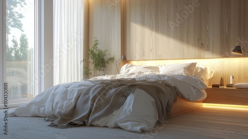  a bedroom with a large bed covered in a blanket and pillows, a wooden wall, a lamp, a telephone, and other objects on a table, a plant, and a glass door with curtai photo