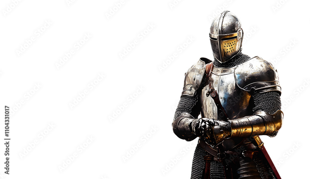 Knight in shiny metal armor. Reliable security and insurance. Copy space. Knight in shiny metal armor. Reliable security and insurance. Copy space.