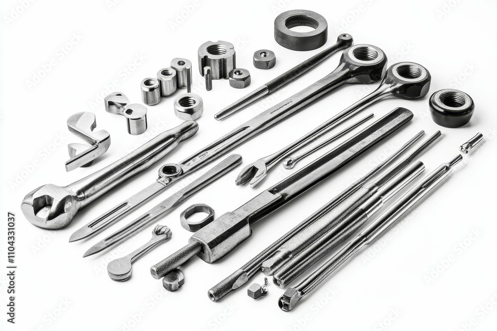 Assorted metal tools and fasteners arranged on white. Assorted metal tools and fasteners arranged on white.