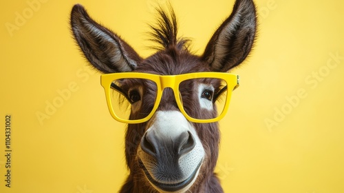  a donkey wearing yellow glasses against a bright yellow background