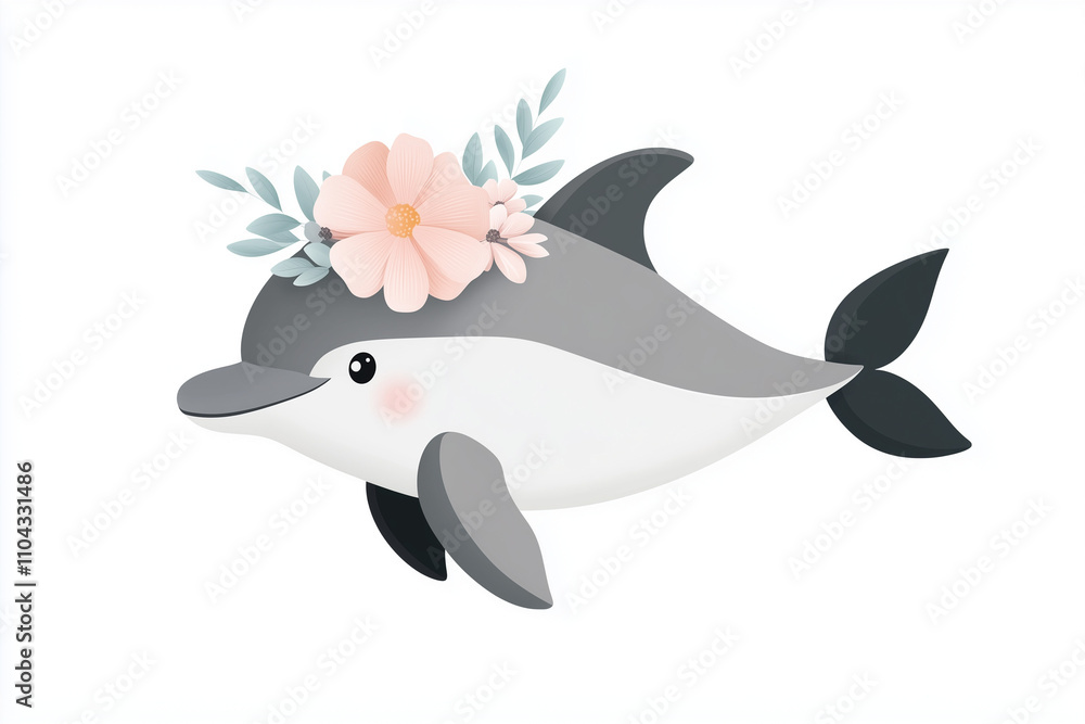 A baby dolphin swims joyfully adorned with a lovely floral crown, showcasing its playful nature A baby dolphin swims joyfully adorned with a lovely floral crown, showcasing its playful nature