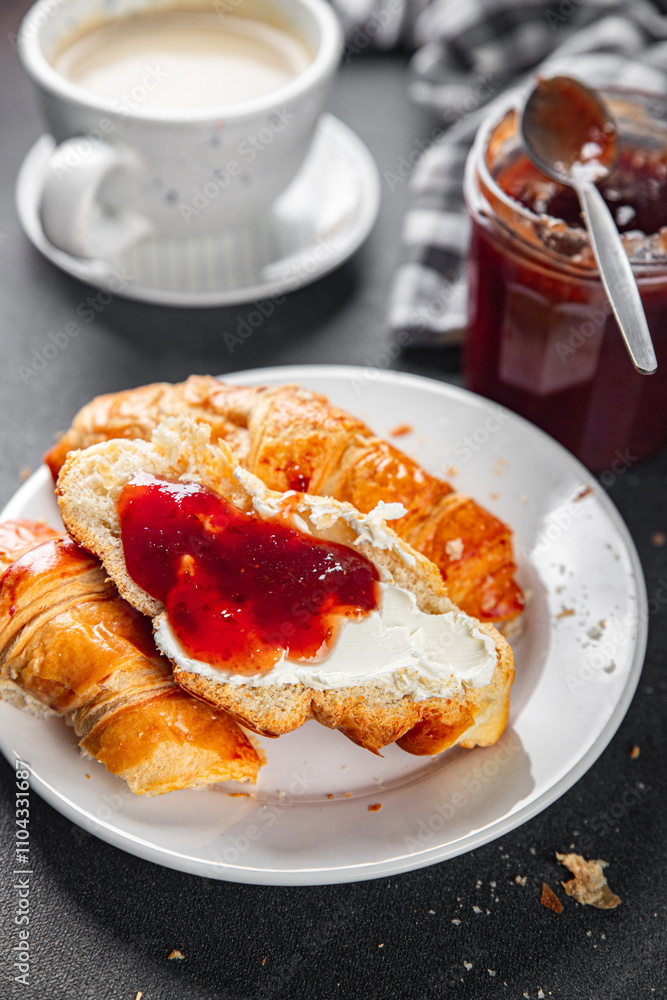 Croissant with jam French toast fresh tasty food dish Delicious gourmet food background on the table rustic food top view copy space Croissant with jam French toast fresh tasty food dish Delicious gourmet food background on the table rustic food top view copy space