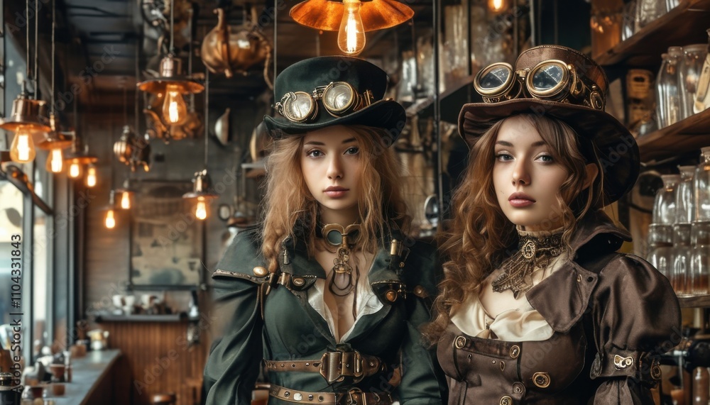 A Steampunk Café with Two Women in Elaborate Gear Amidst Vintage Machinery A Steampunk Café with Two Women in Elaborate Gear Amidst Vintage Machinery