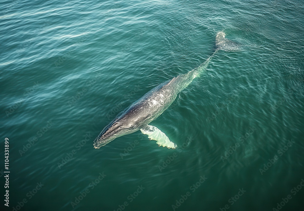 Obraz premium Majestic Whale Swimming Gracefully in Clear Blue Ocean Waters Captured from Above, Showcasing Nature’s Beauty and the Serenity of Marine Life