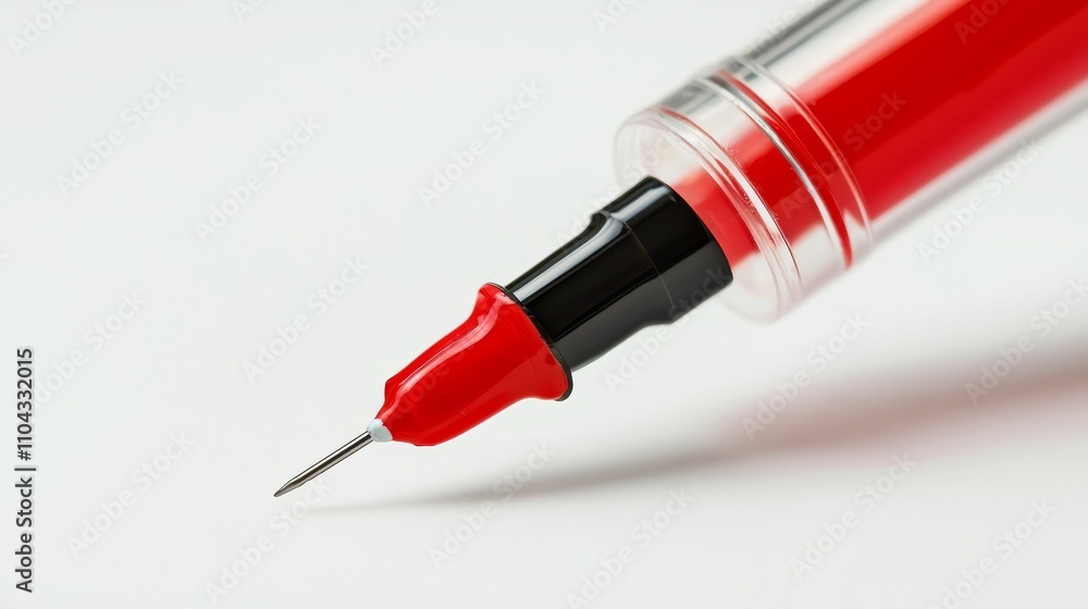 a red fountain pen sitting atop a white surface The pen has a sleek, modern design with a black cap and a red body The background is a bright white, providing a s a red fountain pen sitting atop a white surface The pen has a sleek, modern design with a black cap and a red body The background is a bright white, providing a s