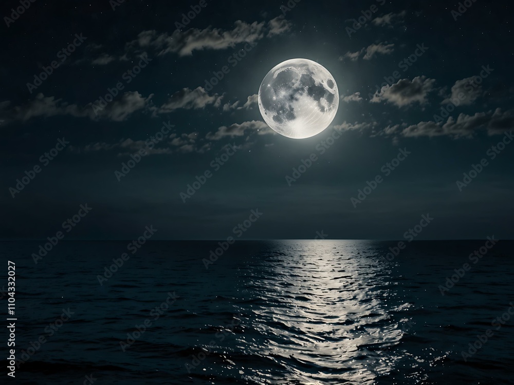 Bright full moon over the ocean at night. Bright full moon over the ocean at night.