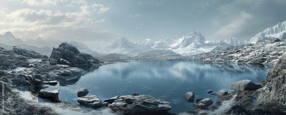 Obraz premium Majestic Winter Landscape with Snow-Capped Mountains, Reflective Lake, and Scenic Rocky Shoreline Under a Cloudy Sky