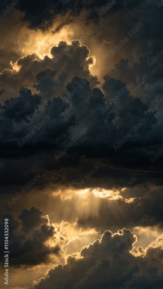 Bright golden light breaks through dark clouds. Bright golden light breaks through dark clouds.