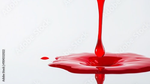  a red liquid dripping down on a white surface, creating a vivid contrast between the two colors The liquid appears to be a deep, vibrant red, and the contrast betw photo