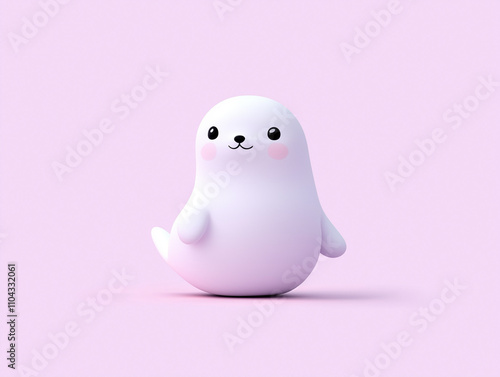 Fluffy seal baby with an adorable expression stands happily against a pastel pink backdrop