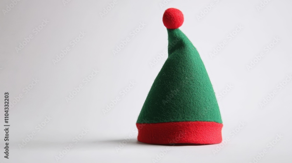  a green and red elf hat with a red pom pom on top, set against a white background