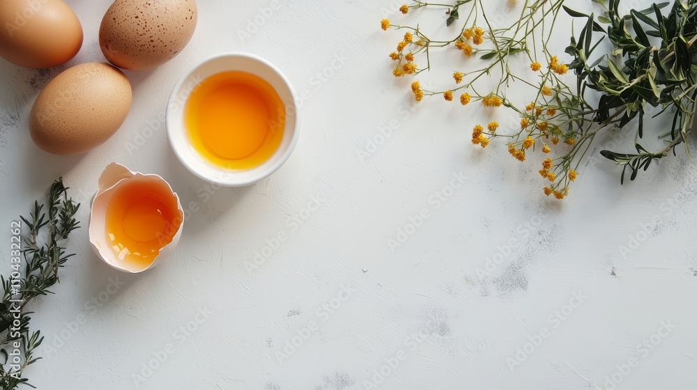 a white table with three eggs, a bowl of liquid, and a sprig of rosemary The eggs are arranged in a triangular formation, with the bowl in the center The bowl is a white table with three eggs, a bowl of liquid, and a sprig of rosemary The eggs are arranged in a triangular formation, with the bowl in the center The bowl is