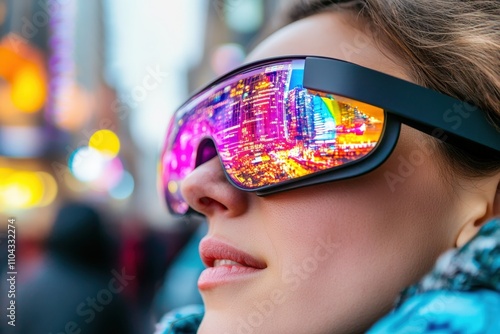 A fashionable woman wears striking reflective sunglasses, embodying modernity and urban style while showcasing a vivid backdrop of bustling city life, highlighting urban fashion.