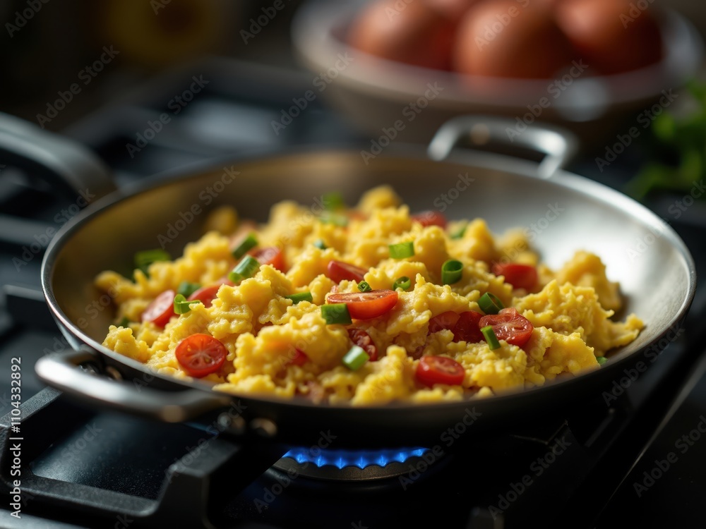 Scrambled eggs with cherry tomatoes and chives cooking on gas stove Scrambled eggs with cherry tomatoes and chives cooking on gas stove