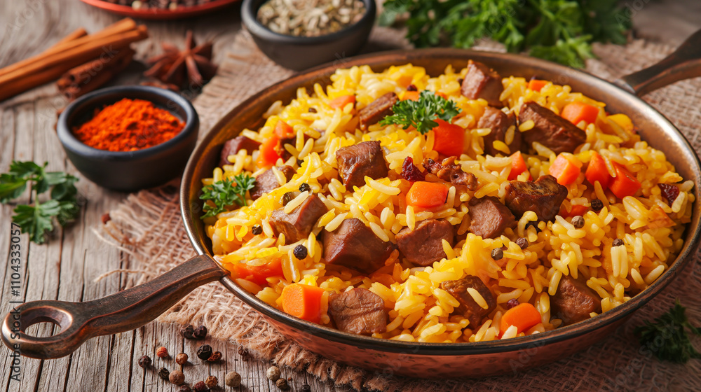 Fragrant pilaf with tender meat and spices in copper plate. Fragrant pilaf with tender meat and spices in copper plate.