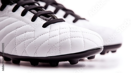  a pair of white soccer shoes with black laces on a white background The shoes have a classic design with a rounded toe and a low-top silhouette The laces are blac photo