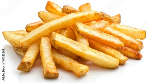  a pile of golden-brown french fries on a white background