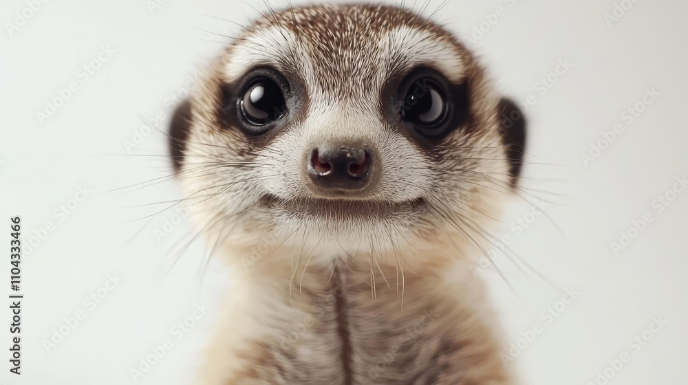 a close up of a meerkat looking at the camera with its brown, black and white fur standing out against a white background a close up of a meerkat looking at the camera with its brown, black and white fur standing out against a white background