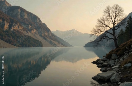 Golden hues paint the lake surface as evening descends, highlighting rocky shores and a solitary tree against majestic mountains. Generative AI photo