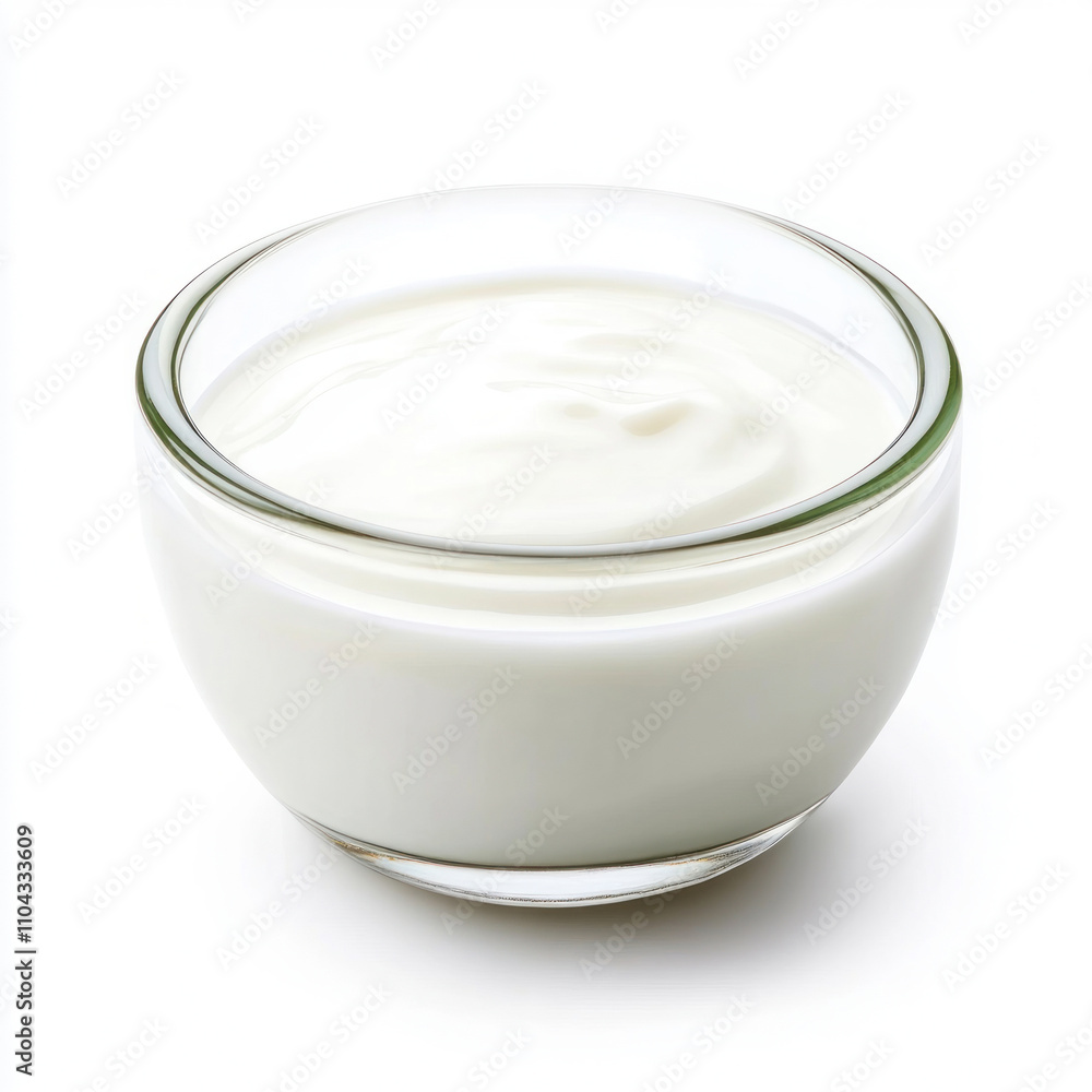 Creamy yogurt in a clear glass bowl, perfect for healthy snacks. isolated on white background. Creamy yogurt in a clear glass bowl, perfect for healthy snacks. isolated on white background.