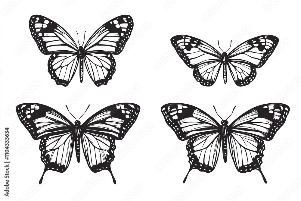 Intricate black and white butterfly designs with detailed wings Intricate black and white butterfly designs with detailed wings