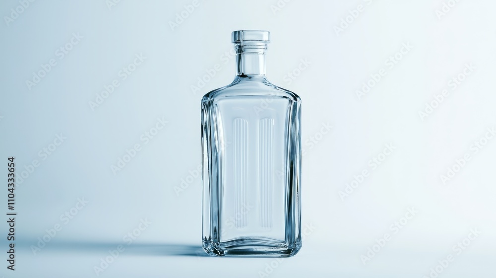 a clear glass bottle of vodka on a blue background The bottle is cylindrical in shape with a wide base and a narrow neck, and is filled with a clear liquid, likely a clear glass bottle of vodka on a blue background The bottle is cylindrical in shape with a wide base and a narrow neck, and is filled with a clear liquid, likely