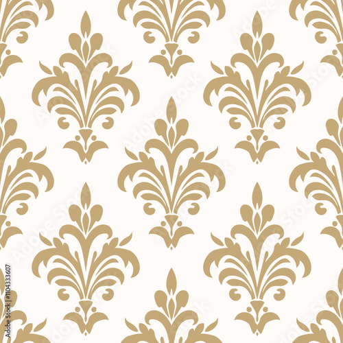 Luxury golden damask seamless pattern. Gold and white vector ornamental background. Ornament in baroque, rococo, renaissance, revival style. Abstract repeated texture design with curly floral elements