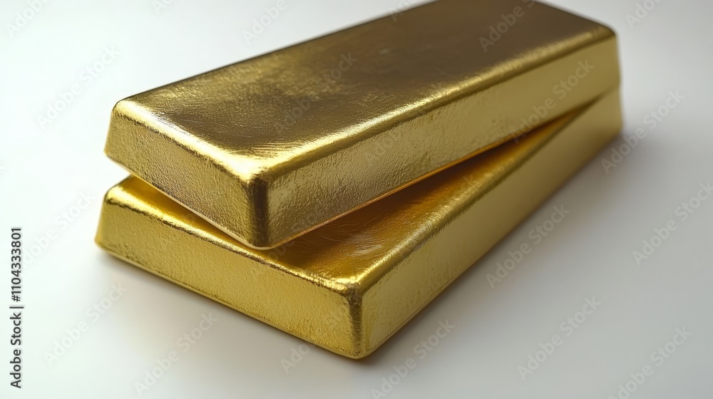two gold bars stacked on top of each other on a white surface The gold bars glimmer in the light, reflecting off the surface and creating a beautiful contrast betw two gold bars stacked on top of each other on a white surface The gold bars glimmer in the light, reflecting off the surface and creating a beautiful contrast betw