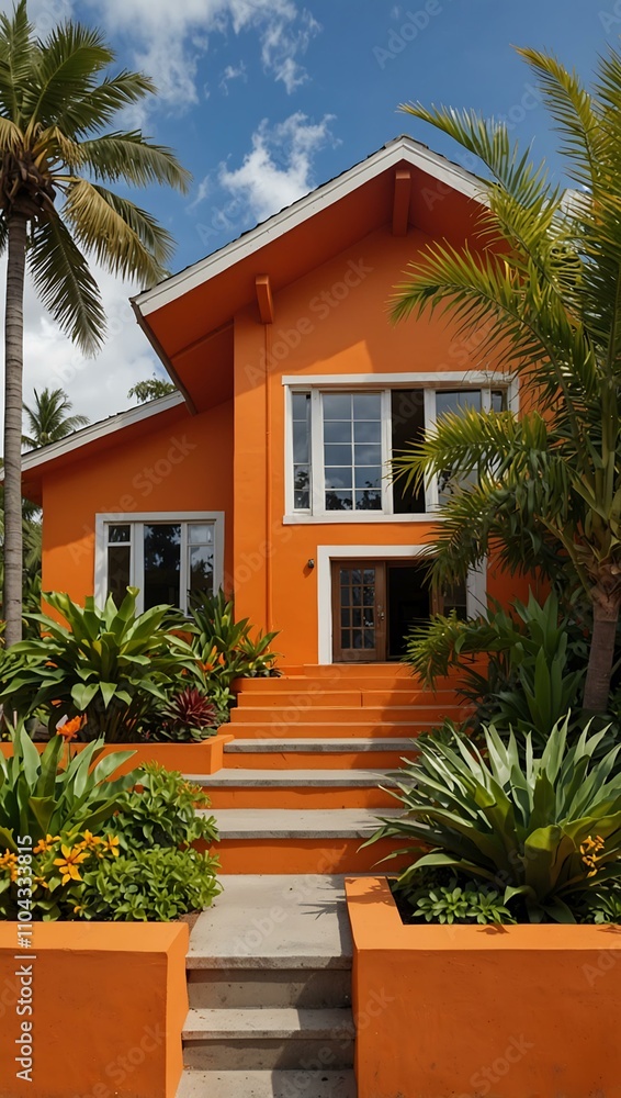 Fototapeta premium Bright orange house with tropical landscaping.