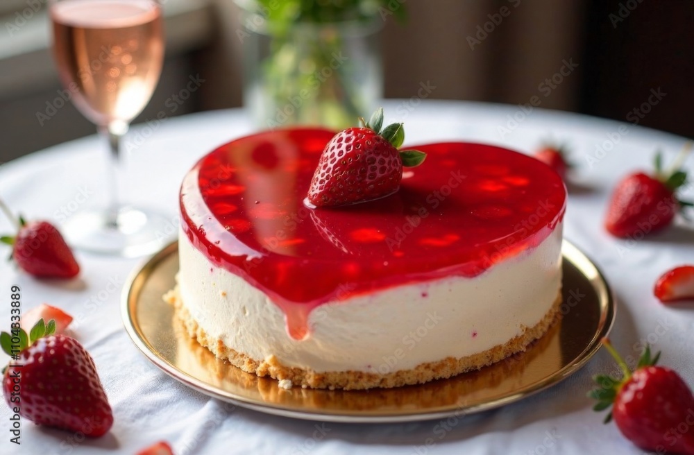 Cake in the shape of a heart, decorated with ripe strawberries. Champagne in glasses. Concept for Valentine's Day, Mother's Day, Birthday Cake in the shape of a heart, decorated with ripe strawberries. Champagne in glasses. Concept for Valentine's Day, Mother's Day, Birthday