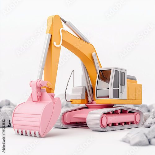 Illustration of Inrush and Children's Excavator, 3D plasticine icon, construction style, isolated on white background photo