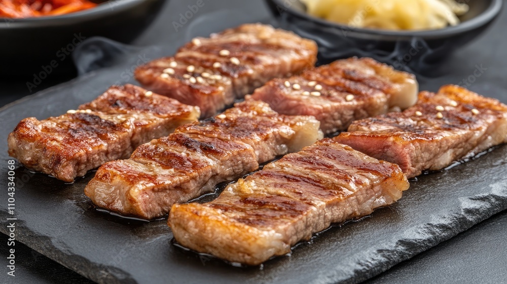 Grilled Beef Steak on Stone Plate with Sides and Smoky Aroma Grilled Beef Steak on Stone Plate with Sides and Smoky Aroma