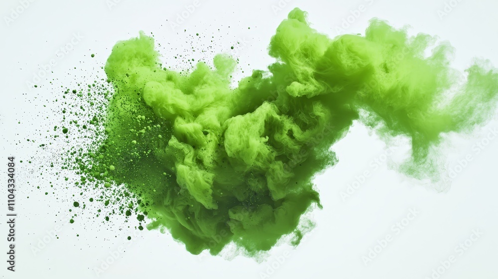 a vibrant green powder explosion on a stark white background, creating a striking contrast between the two colors The powder appears to be suspended in mid-air, wi a vibrant green powder explosion on a stark white background, creating a striking contrast between the two colors The powder appears to be suspended in mid-air, wi