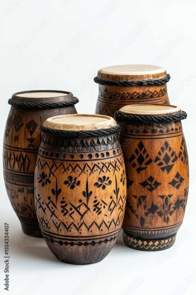 Three carved wooden drums, patterned, dark brown. Three carved wooden drums, patterned, dark brown.