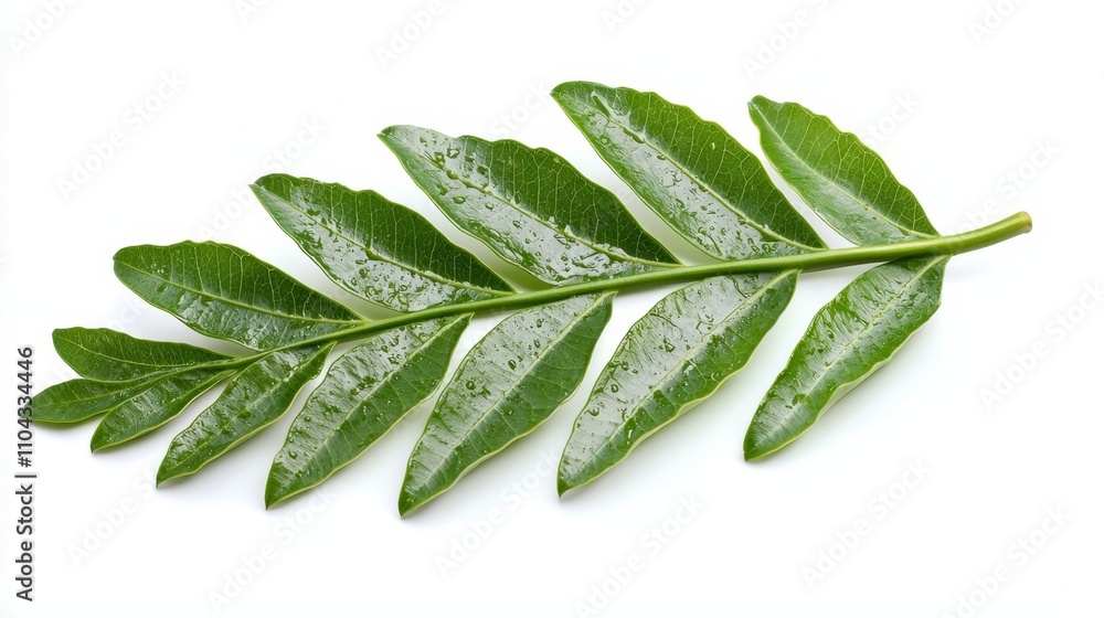 a green bay leaf with water droplets on it, set against a white background The leaf is a vibrant green color, and the droplets glisten in the light, giving it a gl a green bay leaf with water droplets on it, set against a white background The leaf is a vibrant green color, and the droplets glisten in the light, giving it a gl