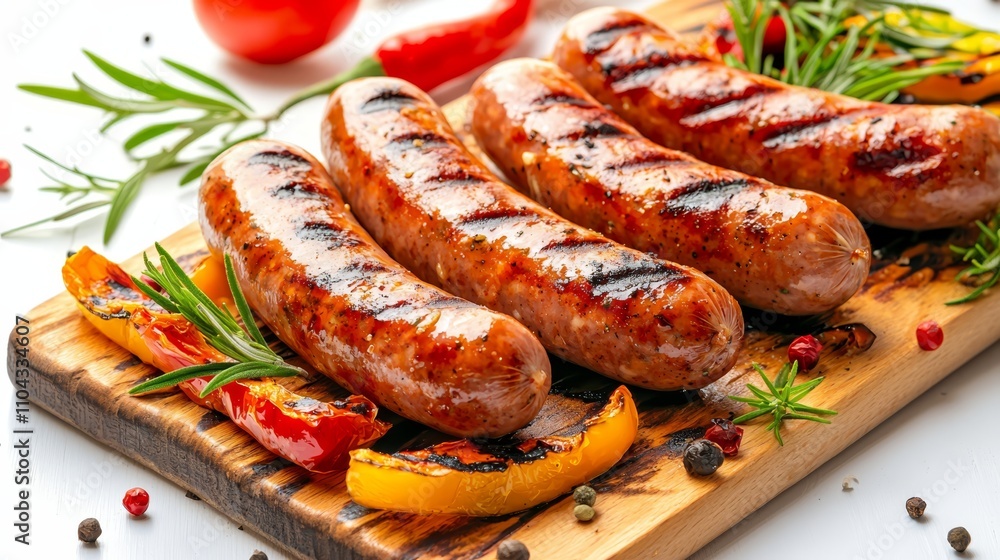 grilled sausages on a wooden cutting board with peppers and rosemary sprigs scattered around them The background is slightly blurred, giving the focus to the food grilled sausages on a wooden cutting board with peppers and rosemary sprigs scattered around them The background is slightly blurred, giving the focus to the food