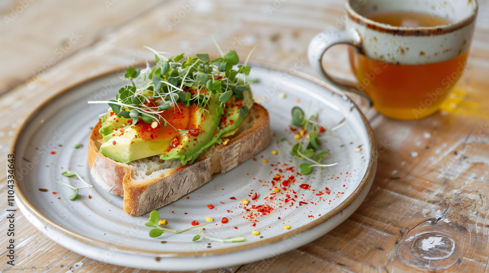 Sourdough toast with avocado, chili flakes, and microgreens Sourdough toast with avocado, chili flakes, and microgreens